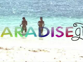 Paradise Gfs - Nude twins giving white chap head on the beach - second part